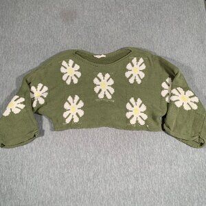 Nectar Clothing Green Daisy Sweater Cropped Knit Women Floral Pullover Small